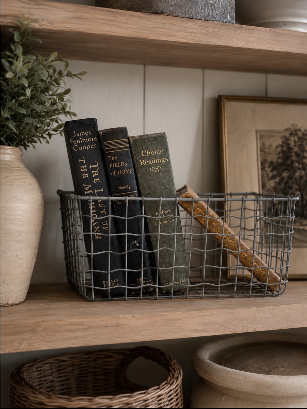 Gray Wire Storage Basket with 4 Vintage Books Home Accents Decor